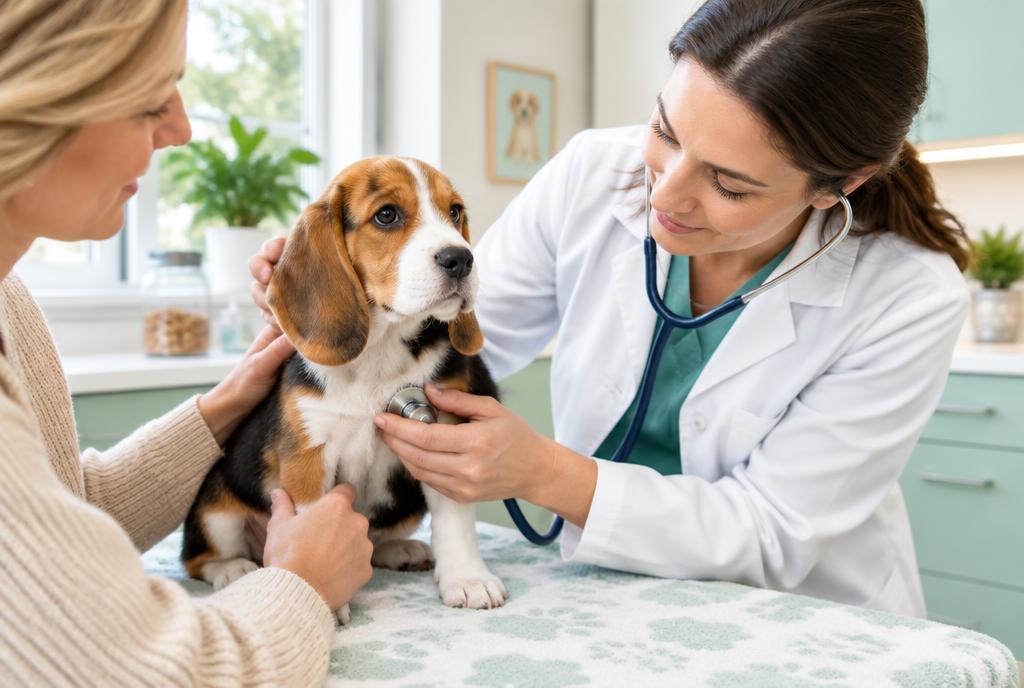A beagle puppy being comforted during an urgent visit