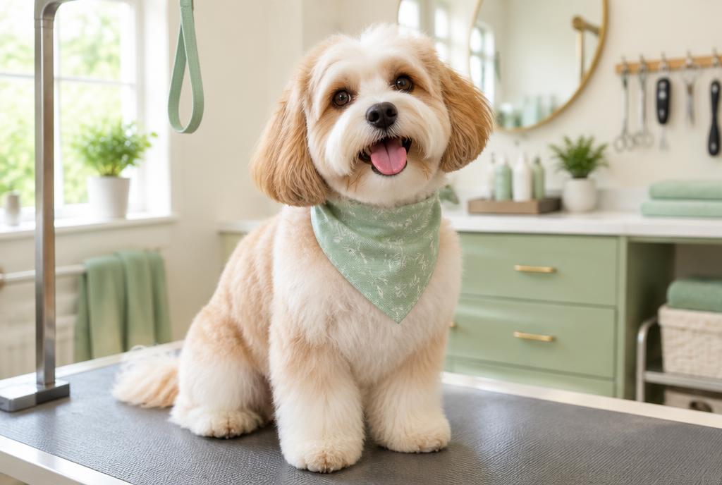 A freshly groomed fluffy dog wearing a mint bandana
