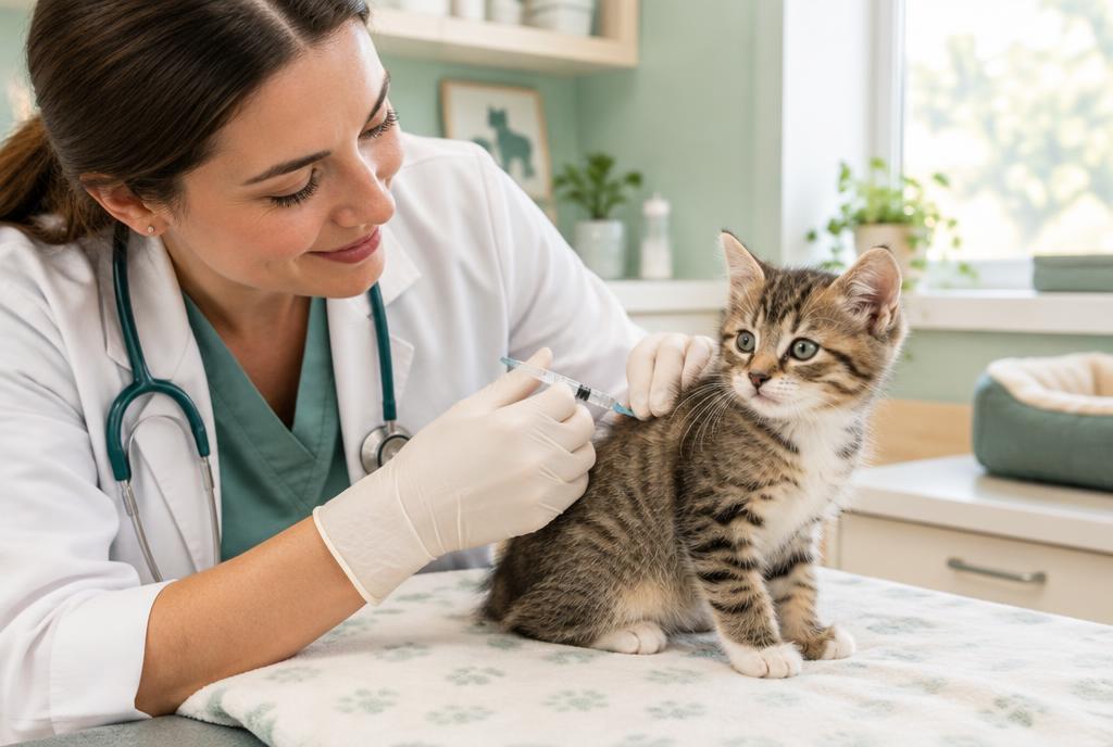 A calm kitten receiving gentle vaccination care